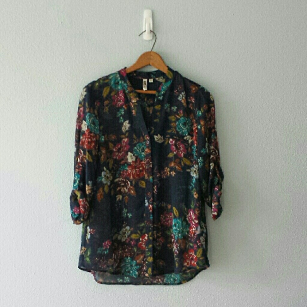 Sheer Navy Floral Button Down
